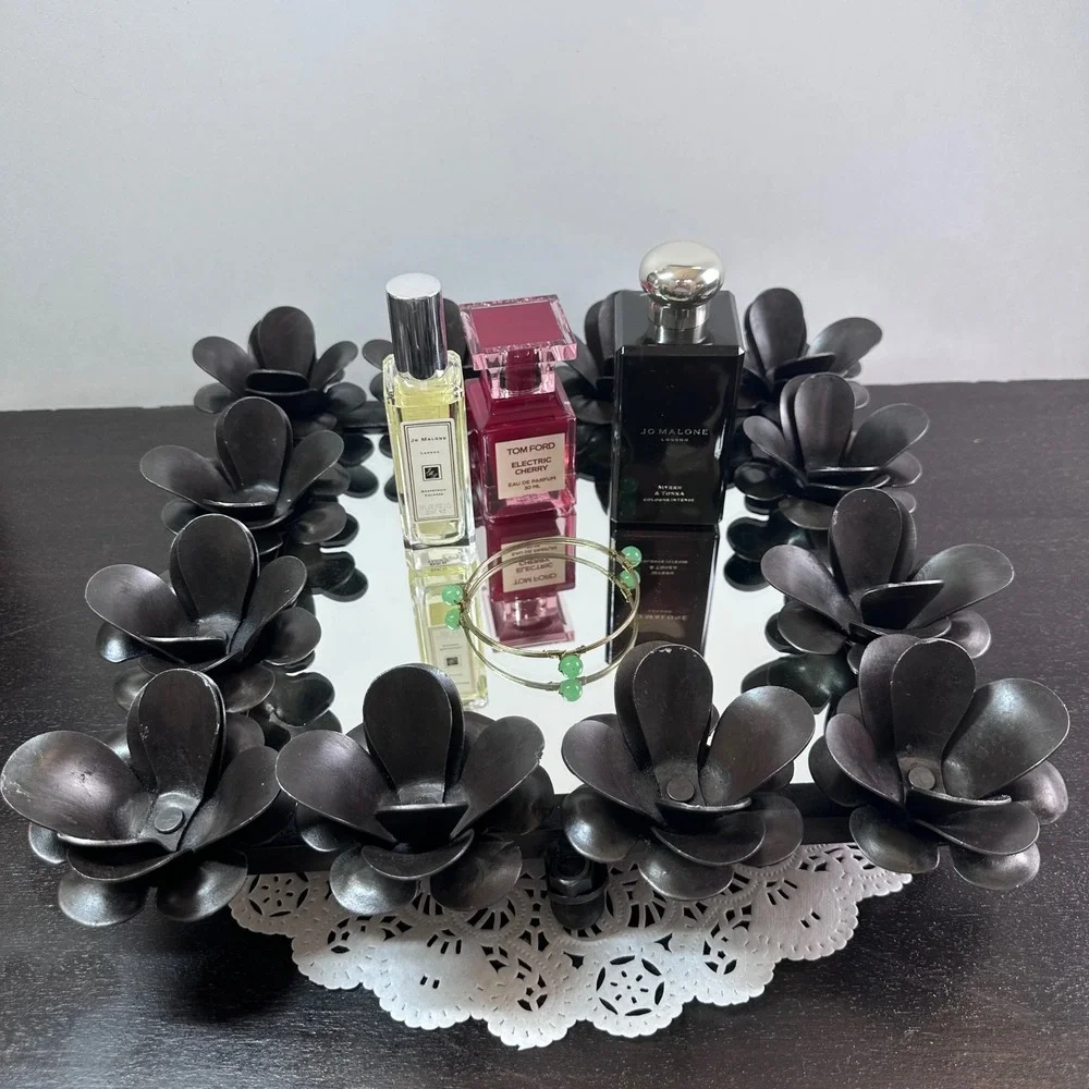 Vintage Brutalist Black Metal Floral Square Mirror Vanity Tray 11.5